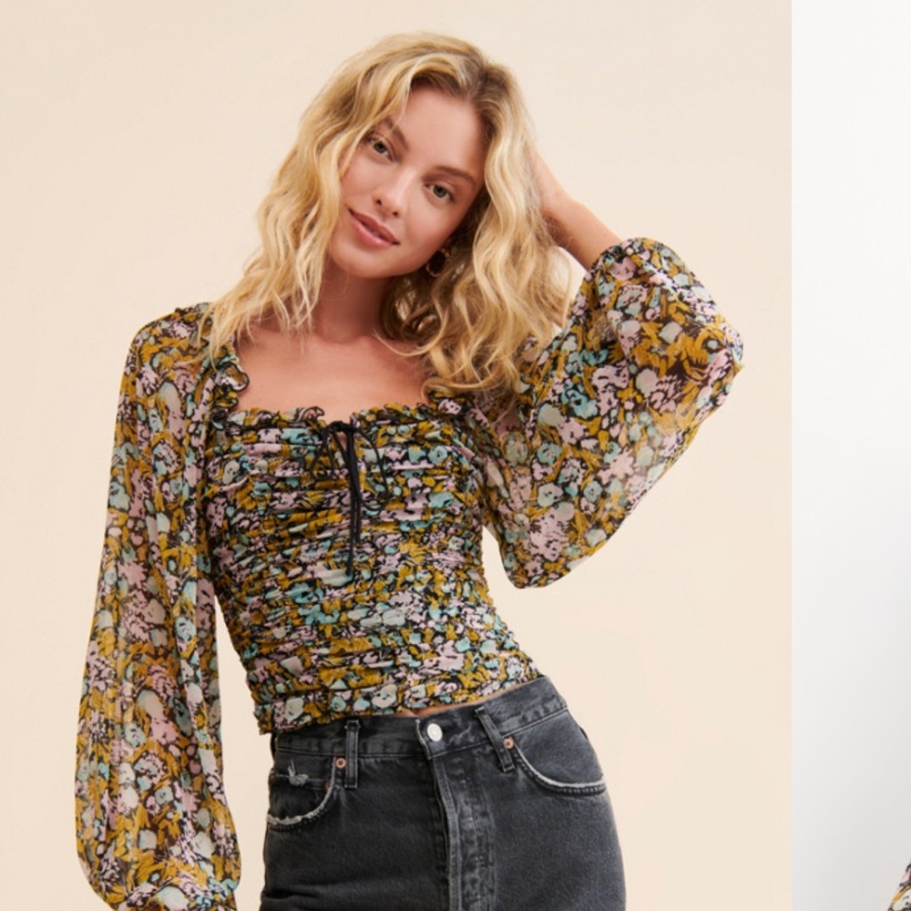 Free People Mable Printed Multicolor Floral Blouse No